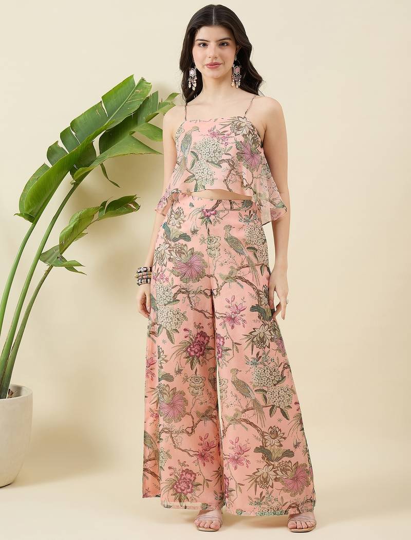 Women floral printed sleevless top with palazzo co-ords