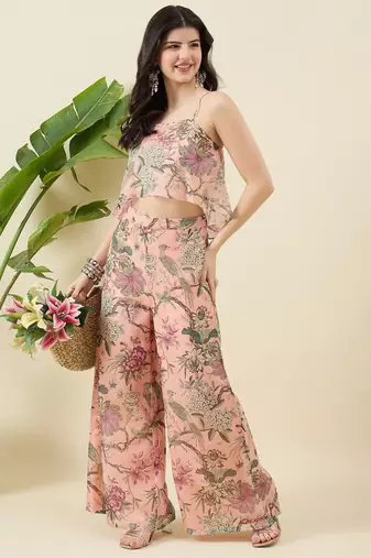Women floral printed sleevless top with palazzo co-ords
