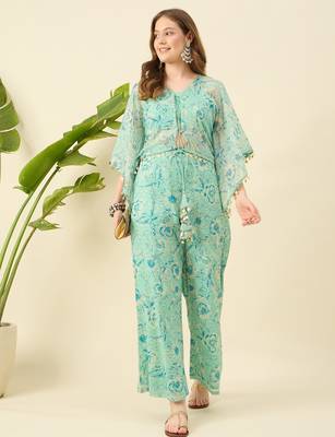 Women crop top & printed kaftan with trouser co-ord set 1