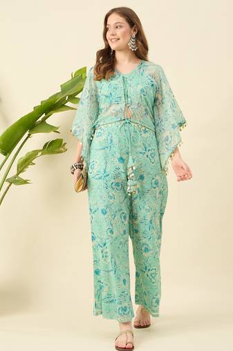 Women crop top & printed kaftan with trouser co-ord set