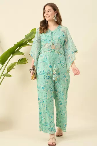 Women crop top & printed kaftan with trouser co-ord set