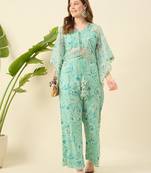 Women crop top & printed kaftan with trouser co-ord set