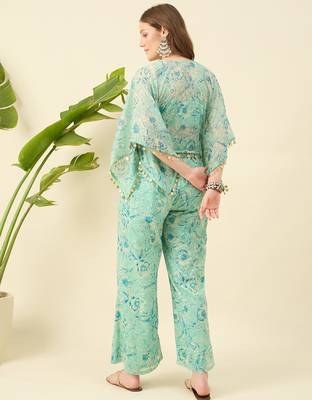 Women crop top & printed kaftan with trouser co-ord set 2