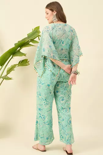 Women crop top & printed kaftan with trouser co-ord set