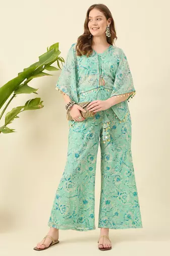 Women crop top & printed kaftan with trouser co-ord set