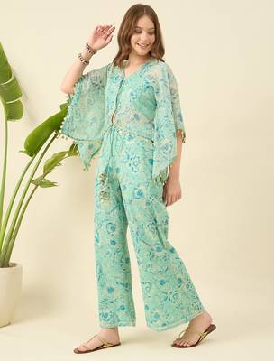 Women crop top & printed kaftan with trouser co-ord set 5