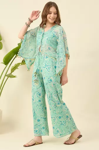 Women crop top & printed kaftan with trouser co-ord set