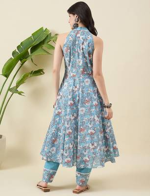 Women floral printed cotton a-line kurta with trousers 2