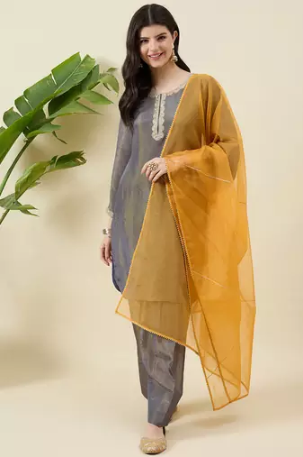 Women solid ethnic motifs round neck kurta with pand & dupatta