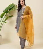 Women solid ethnic motifs round neck kurta with pand & dupatta