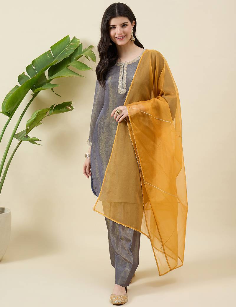 Women solid ethnic motifs round neck kurta with pand & dupatta