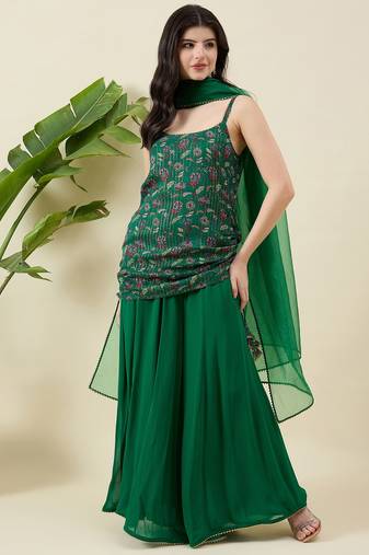 Floral printed shoulder straps top with sharara & dupatta
