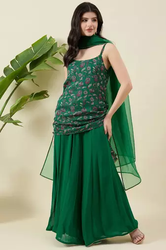 Floral printed shoulder straps top with sharara & dupatta