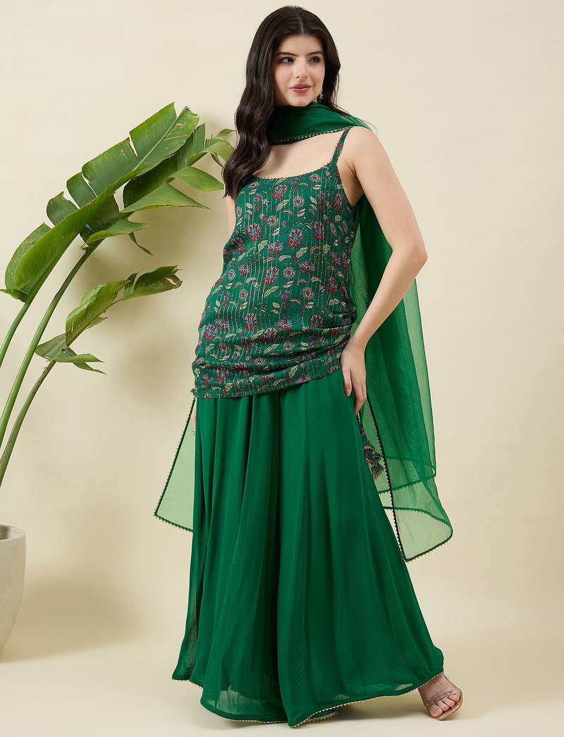 Floral printed shoulder straps top with sharara & dupatta