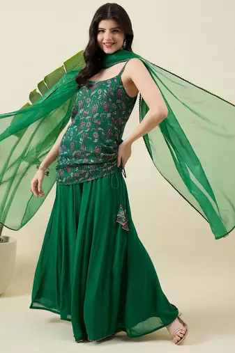 Floral printed shoulder straps top with sharara & dupatta