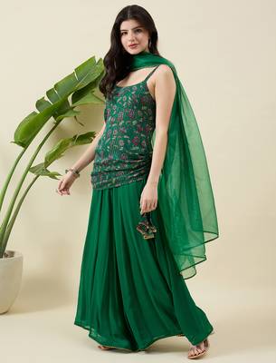Floral printed shoulder straps top with sharara & dupatta 5