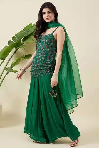 Floral printed shoulder straps top with sharara & dupatta
