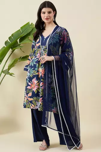 Women floral printed cotton kurta with palazzos & dupatta