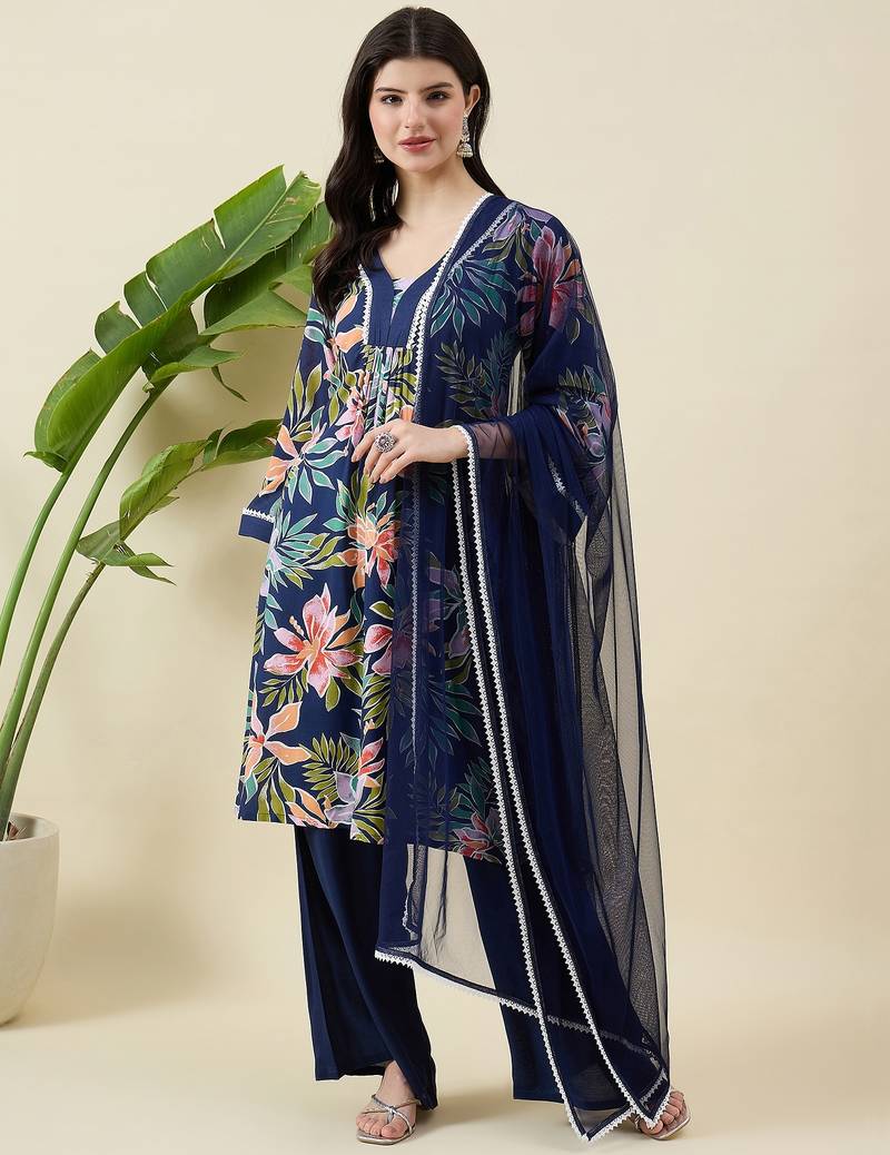 Women floral printed cotton kurta with palazzos & dupatta