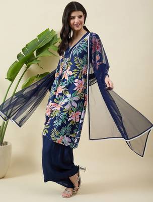 Women floral printed cotton kurta with palazzos & dupatta 3