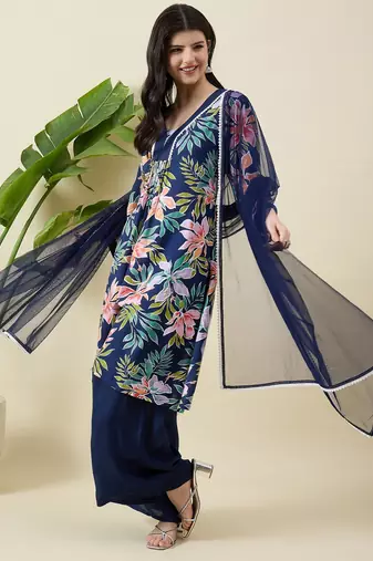Women floral printed cotton kurta with palazzos & dupatta