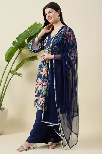 Women floral printed cotton kurta with palazzos & dupatta