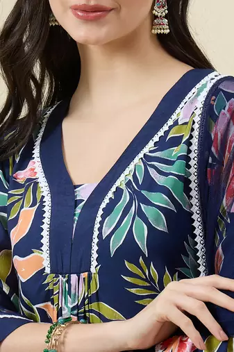Women floral printed cotton kurta with palazzos & dupatta