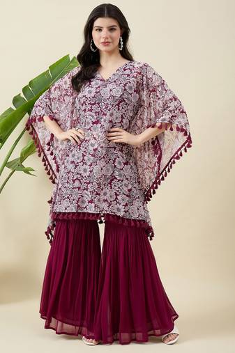 Women floral printed kaftan kurta with sharara