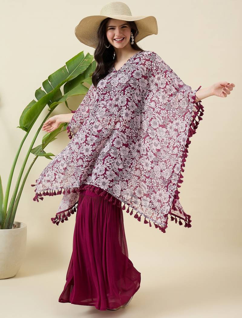 Women floral printed kaftan kurta with sharara