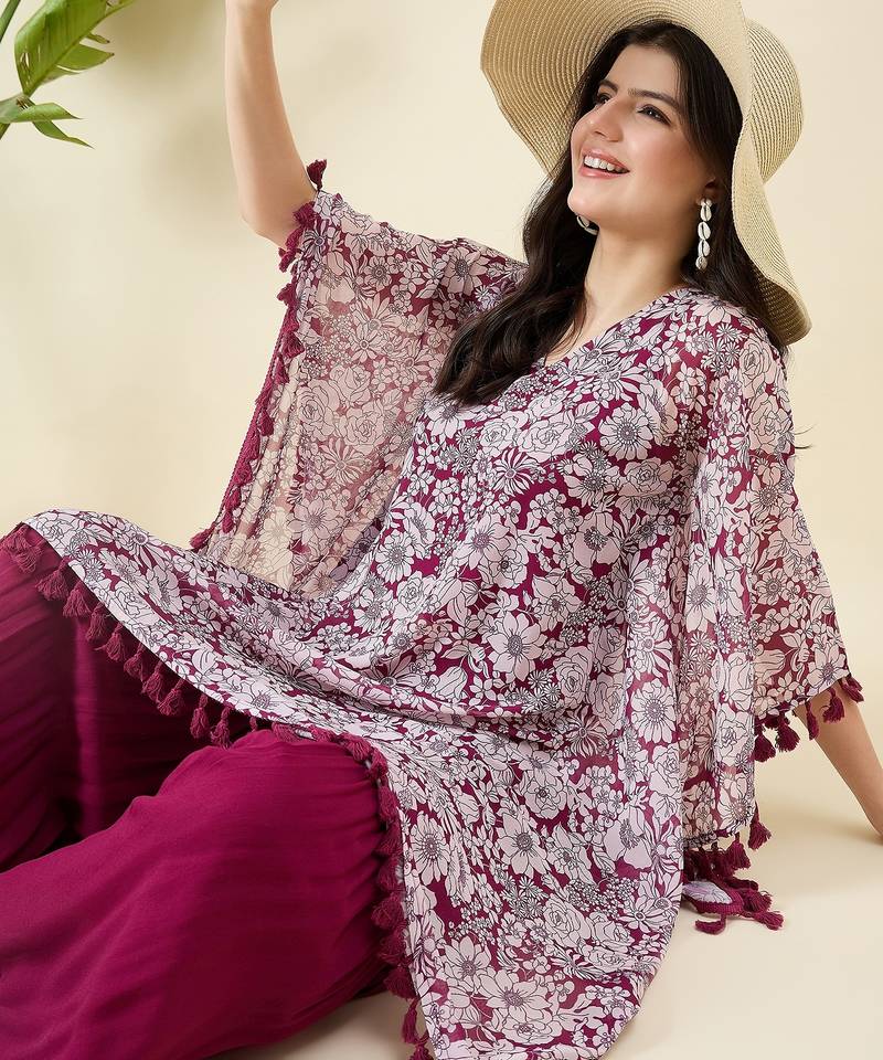 Women floral printed kaftan kurta with sharara