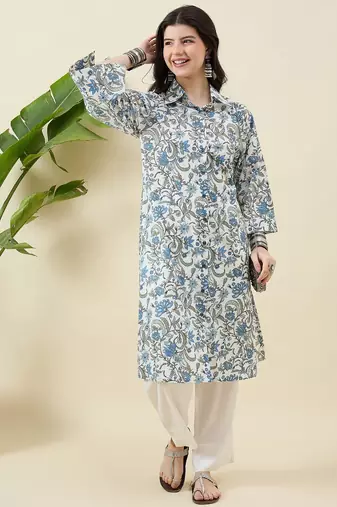 Women floral printed regular pure cotton kurta with trousers