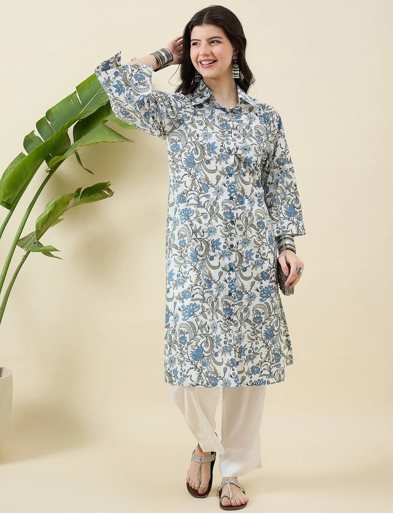 Women floral printed regular pure cotton kurta with trousers