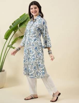 Women floral printed regular pure cotton kurta with trousers 3