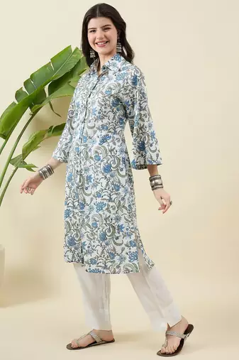 Women floral printed regular pure cotton kurta with trousers