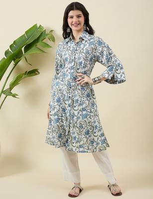 Women floral printed regular pure cotton kurta with trousers 5