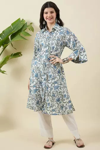 Women floral printed regular pure cotton kurta with trousers