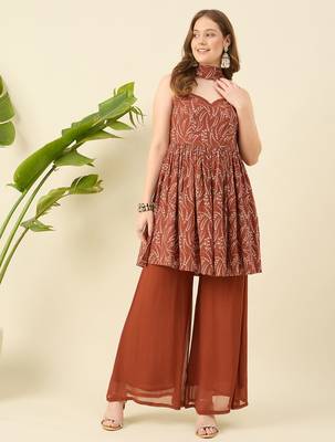 Women rust printed kurta with palazzos & dupatta 1