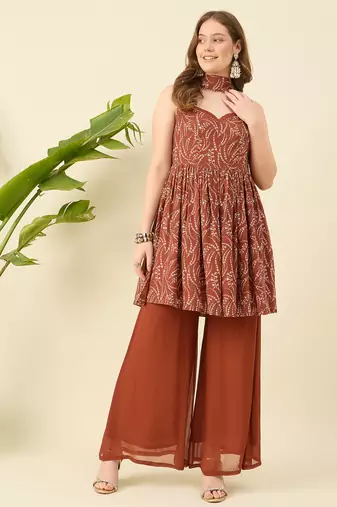 Women rust printed kurta with palazzos & dupatta