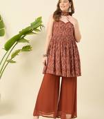Women rust printed kurta with palazzos & dupatta