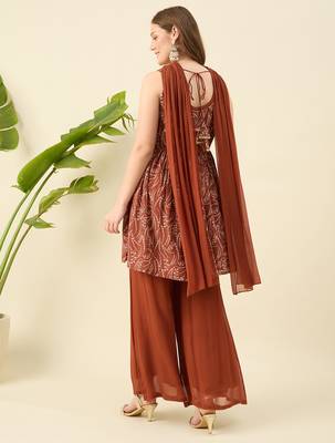 Women rust printed kurta with palazzos & dupatta 2