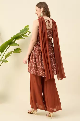 Women rust printed kurta with palazzos & dupatta