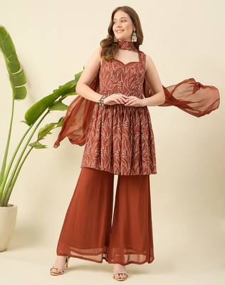 Women rust printed kurta with palazzos & dupatta 3