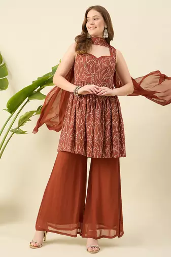 Women rust printed kurta with palazzos & dupatta