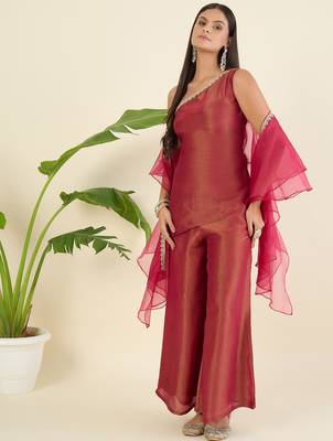 Women regular thread work top with palazzos & with dupatta 1
