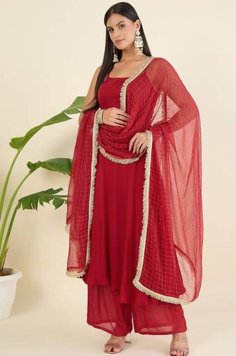 Women regular thread work kurta with palazzos & with dupatta