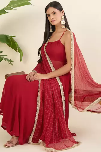 Women regular thread work kurta with palazzos & with dupatta