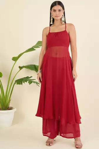 Women regular thread work kurta with palazzos & with dupatta