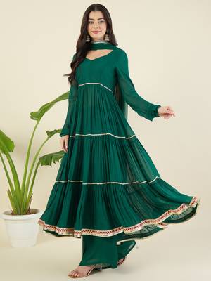 Women tiered gotta patti chanderi cotton kurta with palazzos & with dupatta 1