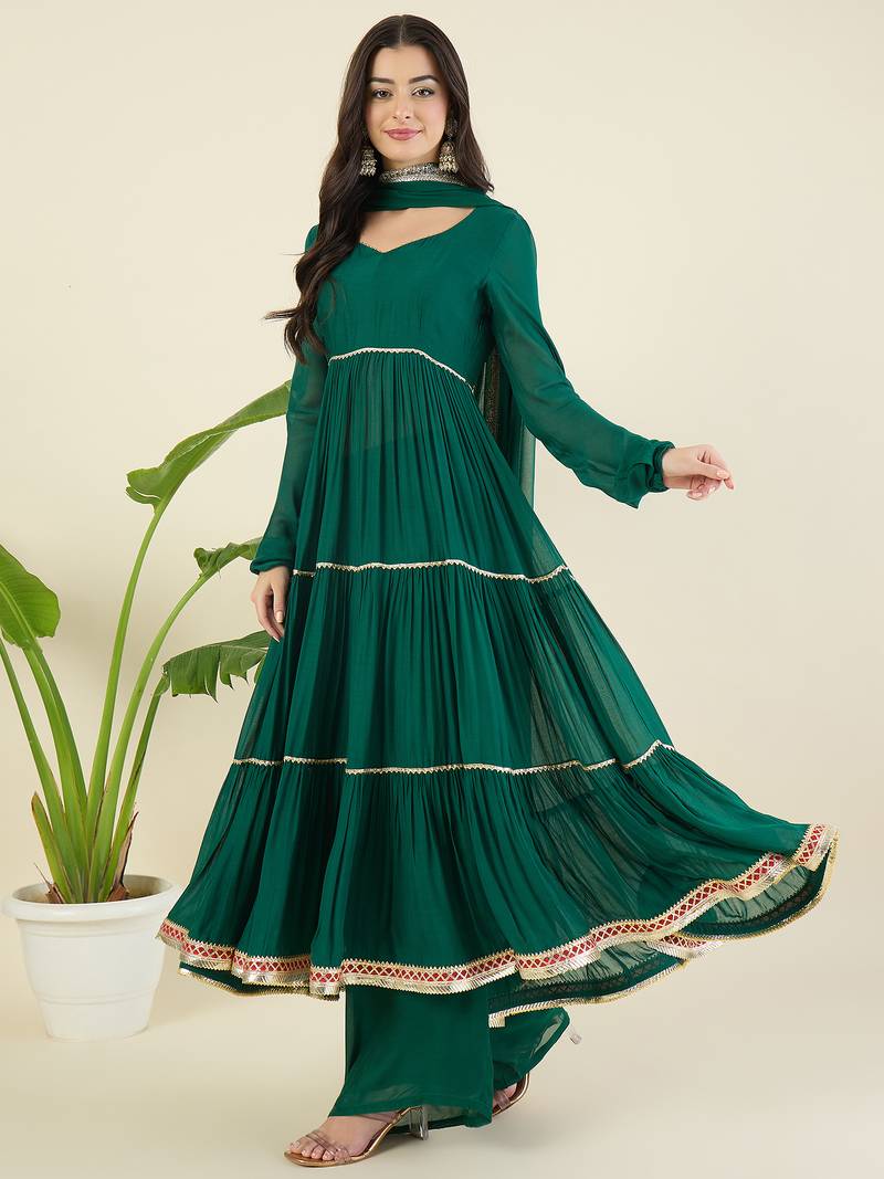 Women tiered gotta patti chanderi cotton kurta with palazzos & with dupatta