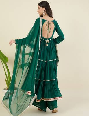 Women tiered gotta patti chanderi cotton kurta with palazzos & with dupatta 2